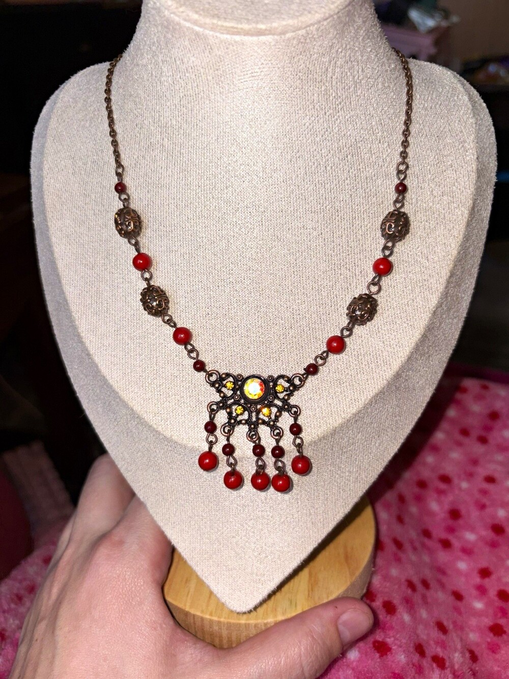 Boho Red Bead Antique Bronze Tone Filigree Rhinestone Fringe Necklace